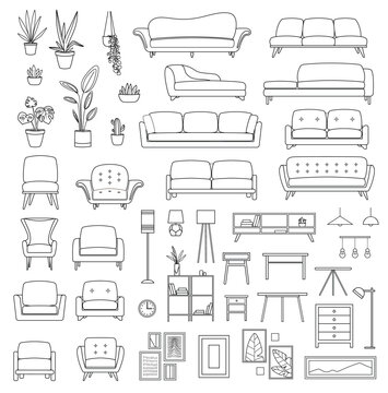 Living room furniture line set. Collection of graphic elements for website. Sofas, armchairs, plants and lamp. Comfort and coziness. Cartoon flat vector illustrations isolated on white background