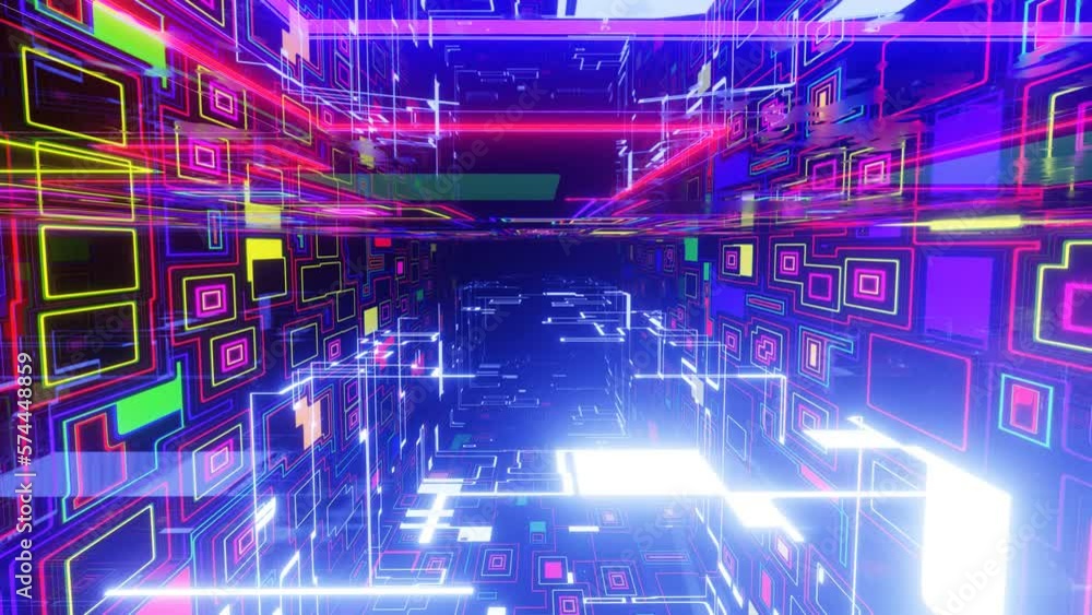 Aufkleber fly through technology cyberspace with neon glow. sci-fi flight through hi-tech technology tunnel. g