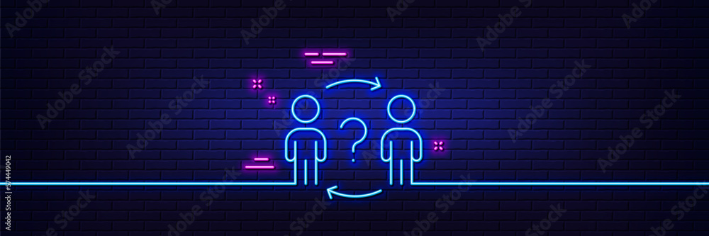 Poster neon light glow effect. delegate question line icon. teamwork help sign. employee share symbol. 3d l