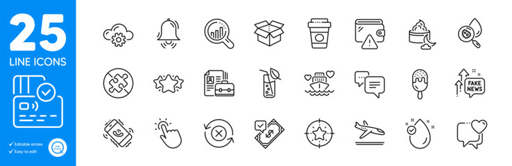 Outline icons set. Seo analysis, Star target and Heart icons. Vitamin e, Wallet, Cloud computing web elements. Reject refresh, Takeaway coffee, Arrivals plane signs. Vacancy, Ice cream. Vector