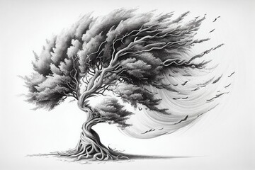Tree during strong wind, black and white pencil sketch. Generative AI