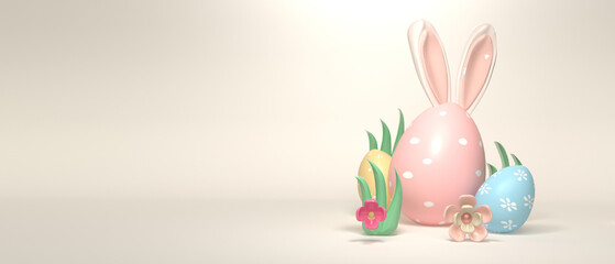 Colorful hand decorated Easter eggs withrabbit ears and spring holiday pastel colors