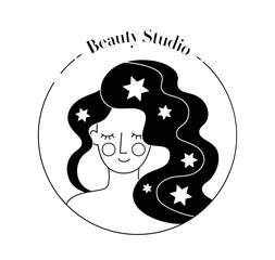 Beauty study black logo. Portrait of young girl, sticker for social networks and messengers. Hair health care, beauty products. Aesthetics and elegance. Cartoon flat vector illustration