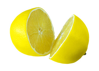 png. yellow ripe lemon cut in half, close-up on a white background. isolate.