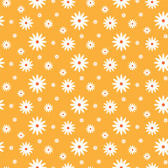 Cute chamomile Seamless Pattern on yellow Background. Simple Hand Drawn Vector Illustration. Great for Textile, Fabric Prints, Wrapping Paper.