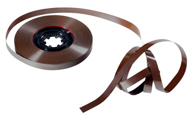 A dusty tape with recorded sound in analog form. Isolated background.