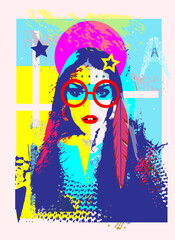 Pop art poster with a Indian, Native American girl with sunglasses, neon color and pink moon. 