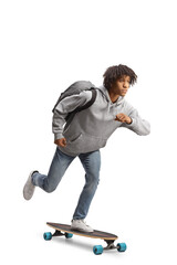 Fototapeta premium African american guy with a backpack riding a longboard