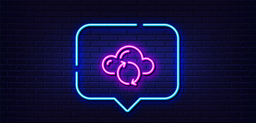 Neon light speech bubble. Cloud computing sync line icon. Internet data storage sign. File hosting technology symbol. Neon light background. Cloud sync glow line. Brick wall banner. Vector