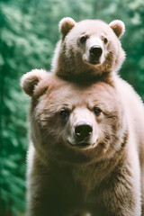 Fototapeta premium Portrait of a brown bear in the forest, face wildlife animal .Generative AI