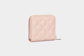 Nude Beige women's leather Wallet Purse isolated on white background. Fashion clutch Pouch for women female ladies with decorative stitch. Side view. Template, mock up