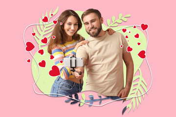 Young couple taking selfie on pink background. Valentine's Day celebration