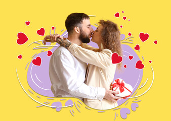 Kissing couple with gift for Valentine's Day on yellow background