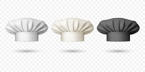 Vector 3d Realistic White and Black Chef Hat, Toque Icon Set. Cook, Baker Chef Caps Design Template. Bakery, Restaurant, Kitchen Uniform. Cotton Hats, Professional Clothes