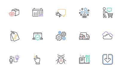 Cogwheel, Buyer think and Calendar graph line icons for website, printing. Collection of Pet tags, Business idea, Fireworks stars icons. Touchscreen gesture, Delivery truck. Vector