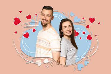 Happy young couple on beige background. Valentine's Day celebration