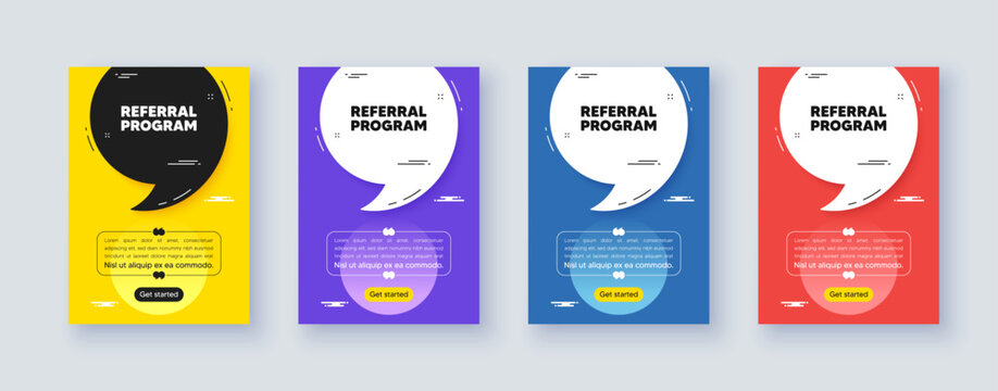 Poster frame with quote, comma. Referral program tag. Refer a friend sign. Advertising reference symbol. Quotation offer bubble. Referral program message. Vector