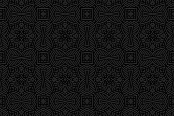Embossed black background, cover design. Geometric unique 3D pattern, press paper, leather. Ornaments of the East, Asia, India, Mexico. Ethnic boho motifs, doodling and zentangle, art deco.