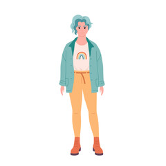 Modern young woman with short hair in casual outfit. Stylish fashionable look. Shirt, jeans, boots. LGBT person. Hand drawn vector illustration