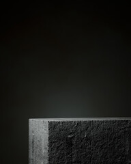 Stone box pedestal or podium for product showcase. Empty rock stand mockup. Dark black background stage. 3d render illustration