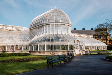 View of a beautiful old victorian greenhouse with tropical plants. Concept of nature conservation...