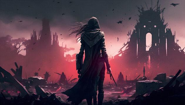 Davastated female freedom fighter, large graveyard, decimated ladscape, destroyed city in background, ai generative