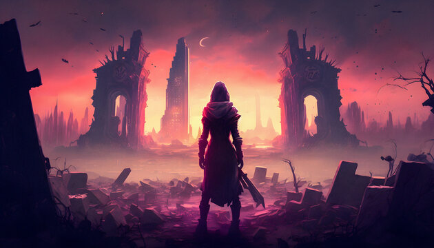 Davastated female freedom fighter, large graveyard, decimated ladscape, destroyed city in background, ai generative