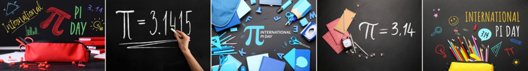 Collage with school stationery and blackboards. International Pi Day