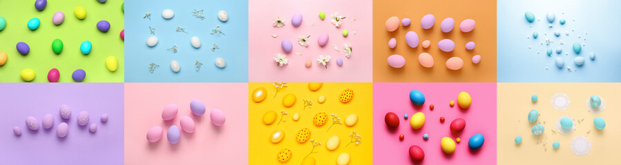 Collage with beautiful Easter eggs and flowers on color background