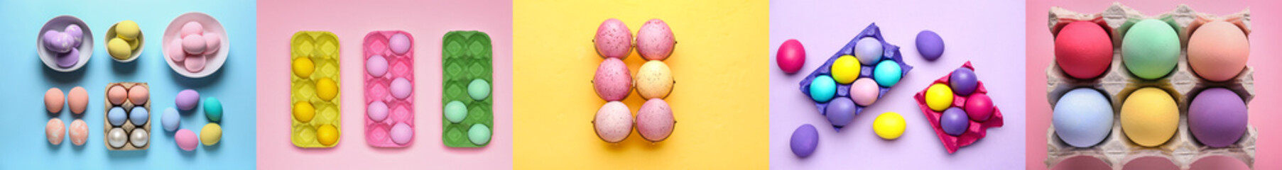 Collage with beautiful Easter eggs on color background