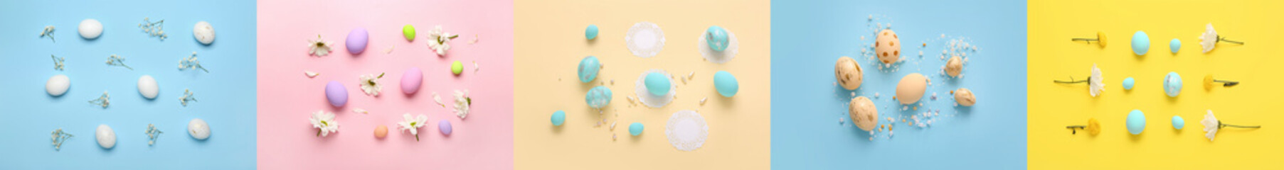 Collage with beautiful Easter eggs and flowers on color background
