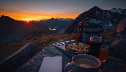 Spectacular sunrise view from the campsite at the mountain top, relishing a hearty breakfast, AI generative - obrazy, fototapety, plakaty