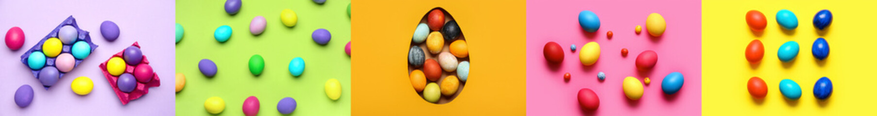 Collage with beautiful Easter eggs on color background
