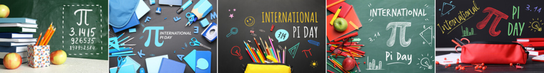 Collage with school stationery and blackboards in classroom. International Pi Day