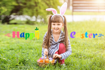 Fototapeta na wymiar Easter greeting card with little girl gathering eggs in park
