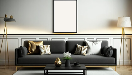 Mockup poster frame in modern home interior with golden accents, Scandinavian style. Generative ai