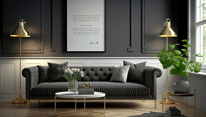 Mockup poster frame in modern home interior with golden accents, Scandinavian style. Generative ai