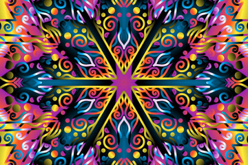 Beautiful caleidoscope symmetrical colourful gradient flowers line art of traditional abstract symbol batik dayak ornament design template elements