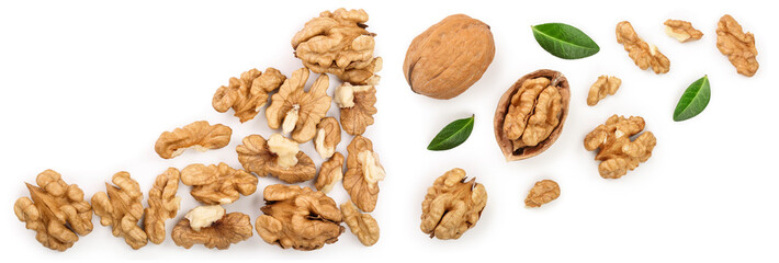 Fototapeta na wymiar Walnuts with leaf isolated on white background with copy space for your text. Top view. Flat lay
