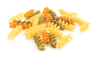 Heap of raw fusilli pasta on white background