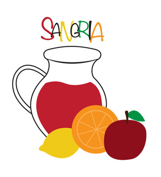 Sangria, traditional Spanish drink in the jug with fruits vector icon