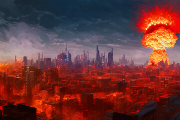 Fototapeta premium A nuclear explosion from an atomic bomb in the city. The concept of nuclear war. Generative AI 