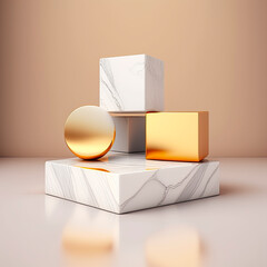 Abstract minimalist geometric background with shadow, empty podium and white rocks, gold blocks. Blank showcase with platform for product presentation