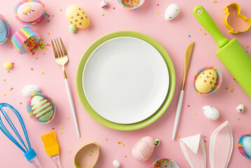 Easter celebration concept. Top view photo of plates knife fork kitchen utensils colorful easter eggs in paper baking molds bunny ears and sprinkles on isolated pastel pink background with blank space