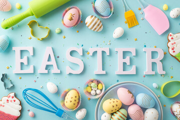 Easter cooking concept. Top view photo of word easter colorful easter eggs in plate rolling pin silicone spatula brush whisk paper baking molds gingerbread sprinkles on isolated pastel blue background