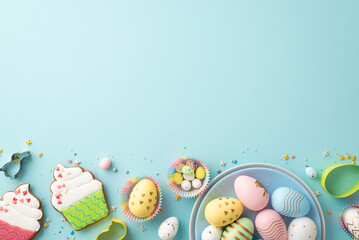 Fototapeta na wymiar Easter cuisine concept. Top view photo of colorful easter eggs in plate paper baking molds cupcake shaped gingerbread and sprinkles on isolated pastel blue background with empty space