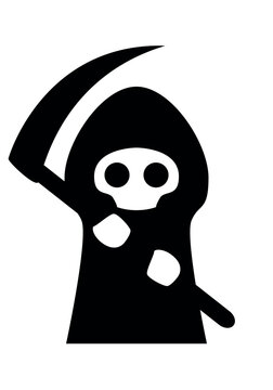 Cute Grim reaper - cartoon death in a black cloak with a hood and a scythe, black and white vector illustration on white