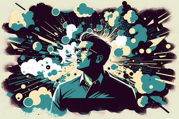Obraz premium Simplified Vector Art Graphic Illustration - Man in Glasses Surrounded by Explosion (Generative AI)