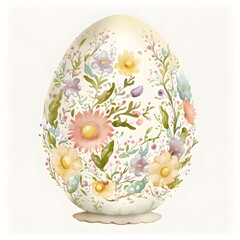 Watercolor spring easter egg decorated with pastel flowers. Generative AI