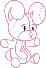 Obraz na płótnie Canvas Vector drawing of a sitting stuffed plush rabbit toy, doll. Hand drawn, doodle, flat, in cartoon style, cute, animal. Easter, Easter bunny, spring, holiday. Pink contour, silhouette, beady eyes.